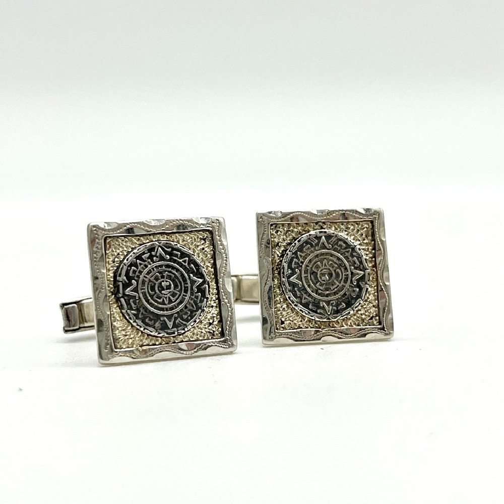 Vintage Sterling Silver Aztec Mayan Calendar Cufflinks Square Textured Design‎